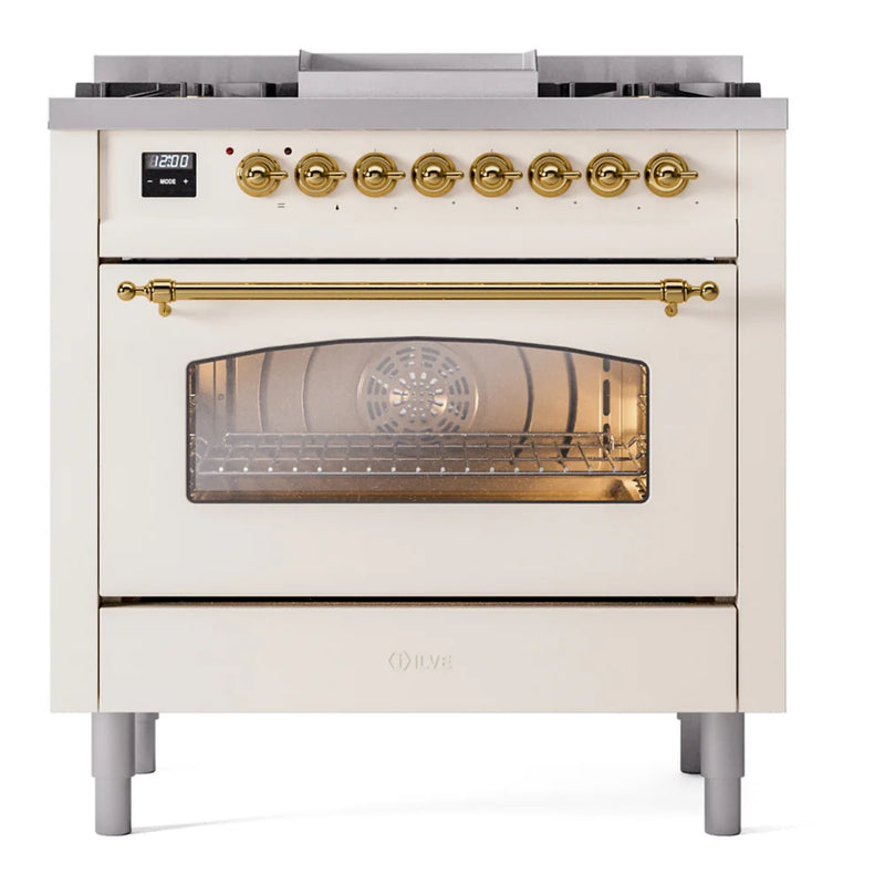 ILVE Nostalgie II 36" Dual Fuel Freestanding Range in Antique White with Brass Trim, UP36FNMPAWGLP