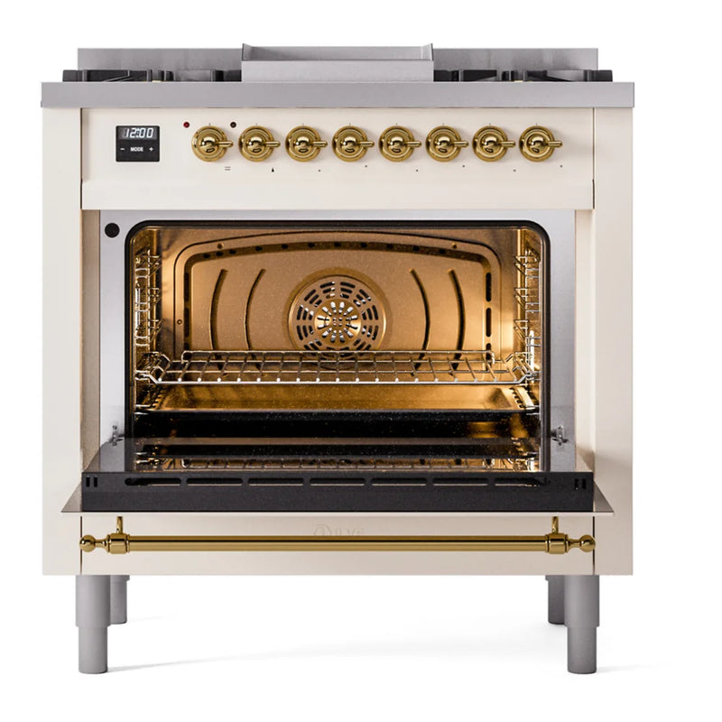 ILVE Nostalgie II 36" Dual Fuel Freestanding Range in Antique White with Brass Trim, UP36FNMPAWGLP