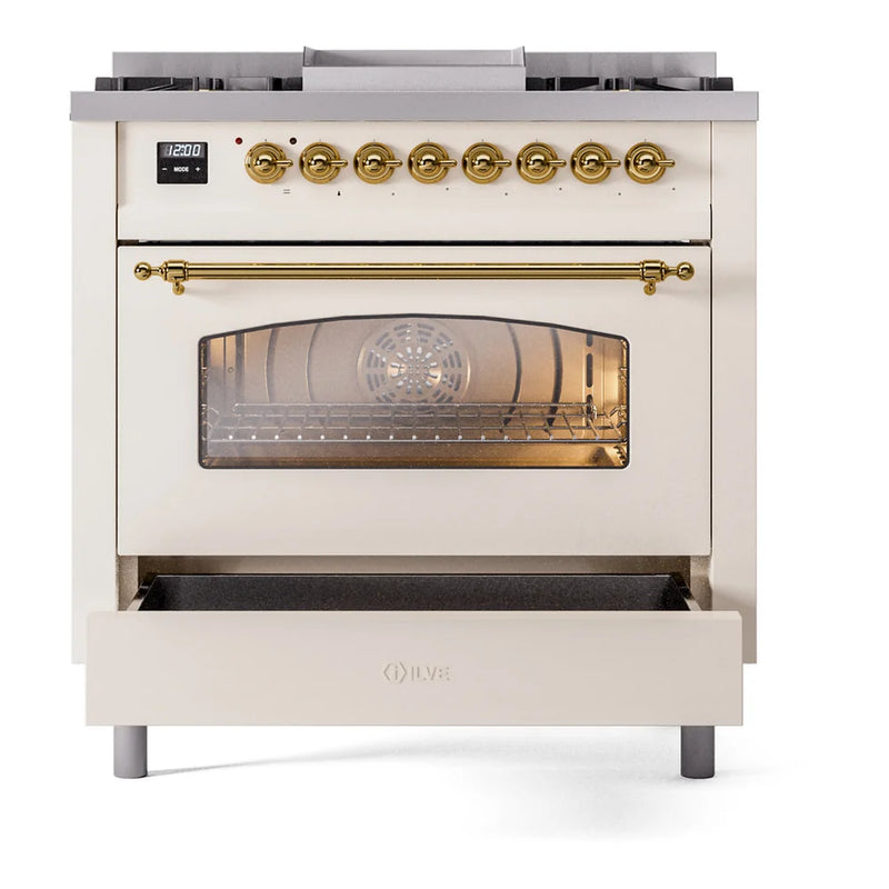 ILVE Nostalgie II 36" Dual Fuel Freestanding Range in Antique White with Brass Trim, UP36FNMPAWGLP