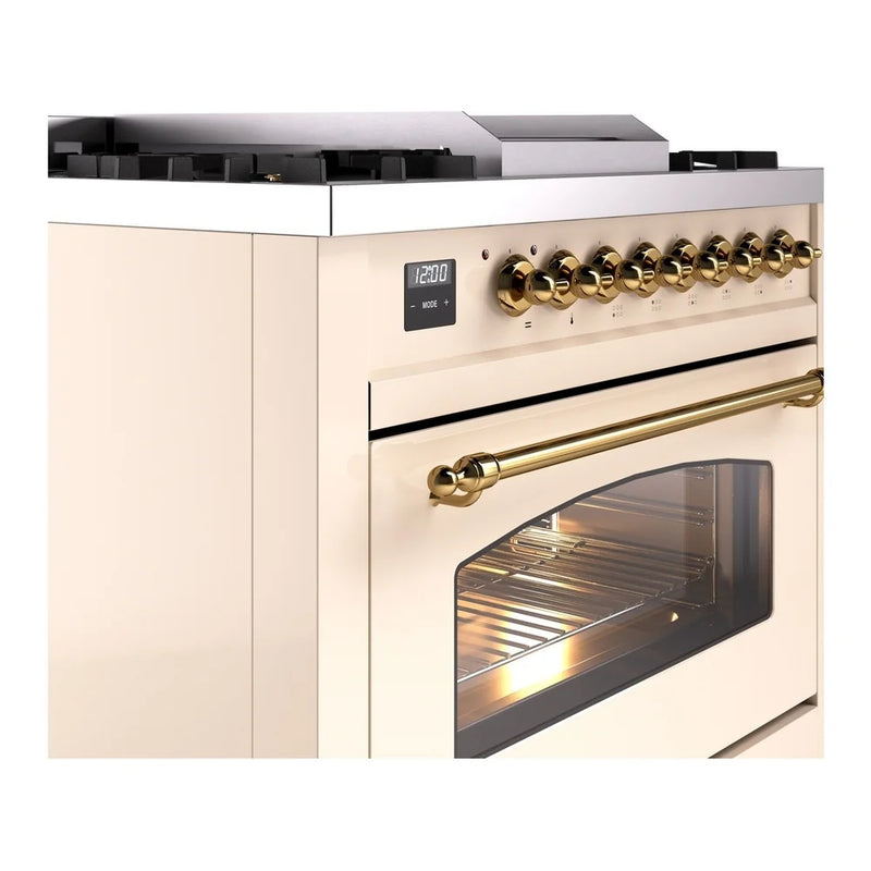 ILVE Nostalgie II 36" Dual Fuel Freestanding Range in Antique White with Brass Trim, UP36FNMPAWGLP