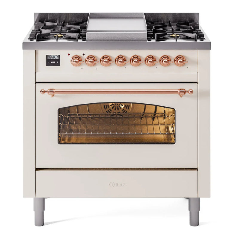 ILVE Nostalgie II 36" Dual Fuel Freestanding Range in Antique White with Copper Trim, UP36FNMPAWP