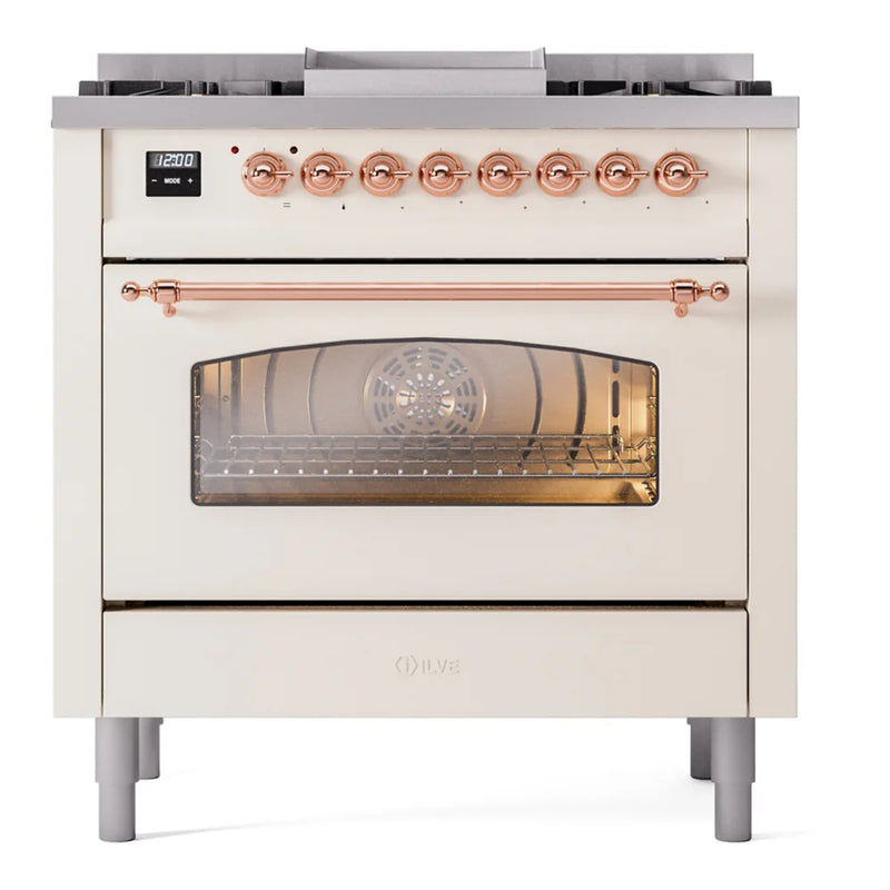ILVE Nostalgie II 36" Dual Fuel Freestanding Range in Antique White with Copper Trim, UP36FNMPAWP