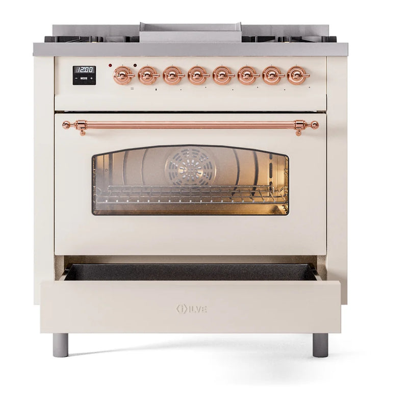 ILVE Nostalgie II 36" Dual Fuel Freestanding Range in Antique White with Copper Trim, UP36FNMPAWP