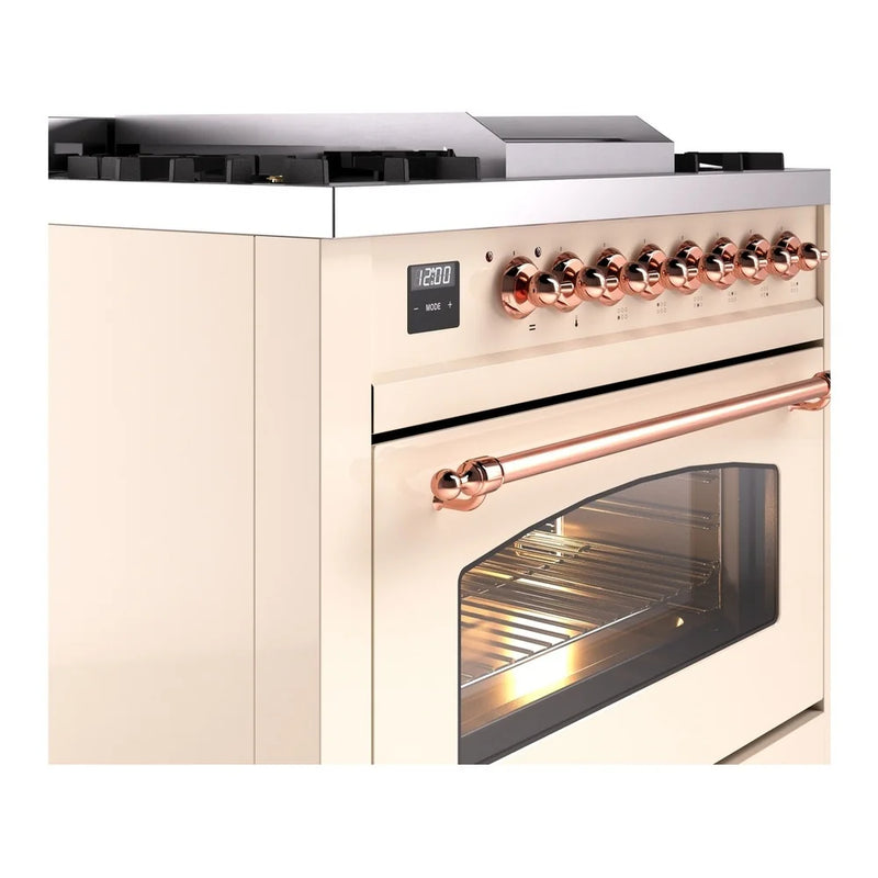 ILVE Nostalgie II 36" Dual Fuel Freestanding Range in Antique White with Copper Trim, UP36FNMPAWP