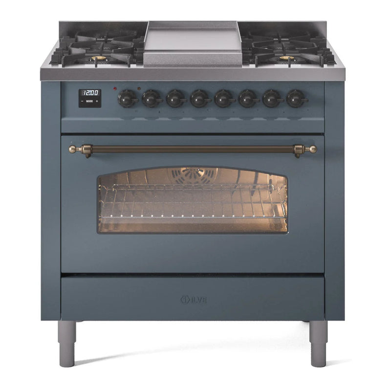 ILVE Nostalgie II 36" Dual Fuel Freestanding Range in Blue Grey with Burnished Trim, UP36FNMPBGBLP
