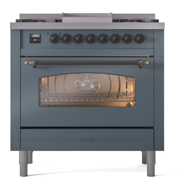 ILVE Nostalgie II 36" Dual Fuel Freestanding Range in Blue Grey with Burnished Trim, UP36FNMPBGBLP