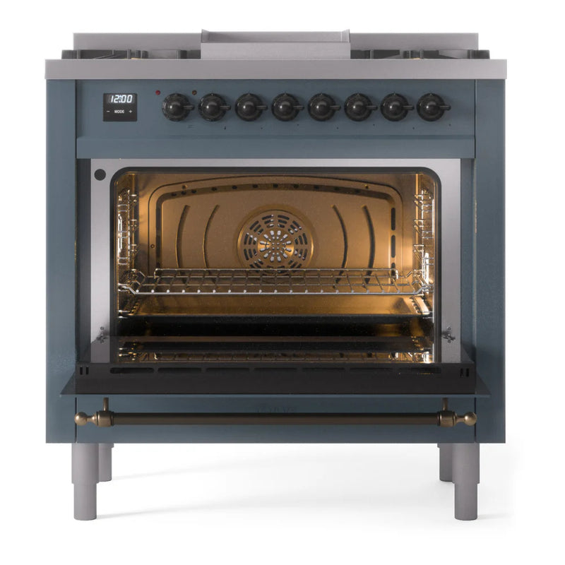 ILVE Nostalgie II 36" Dual Fuel Freestanding Range in Blue Grey with Burnished Trim, UP36FNMPBGB