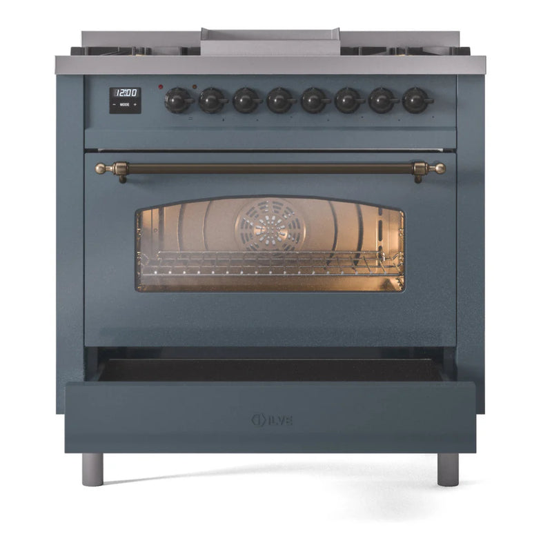ILVE Nostalgie II 36" Dual Fuel Freestanding Range in Blue Grey with Burnished Trim, UP36FNMPBGB