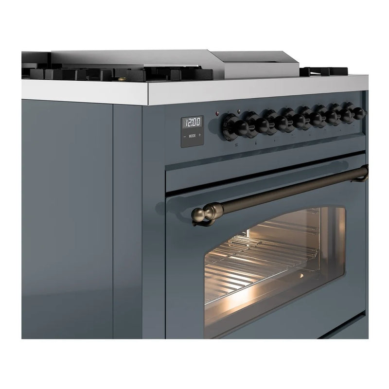 ILVE Nostalgie II 36" Dual Fuel Freestanding Range in Blue Grey with Burnished Trim, UP36FNMPBGB