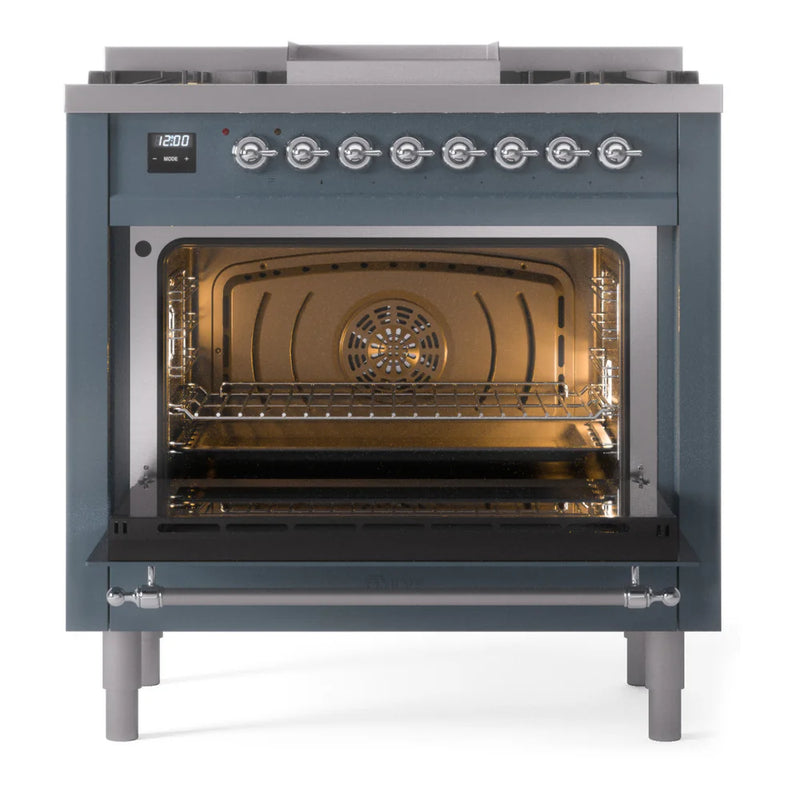 ILVE Nostalgie II 36" Dual Fuel Freestanding Range in Blue Grey with Chrome Trim, UP36FNMPBGCLP