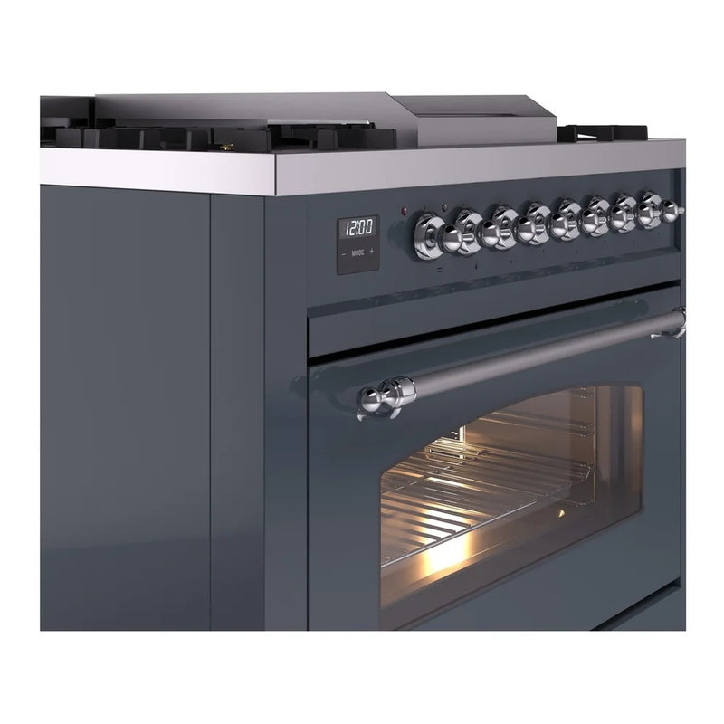 ILVE Nostalgie II 36" Dual Fuel Freestanding Range in Blue Grey with Chrome Trim, UP36FNMPBGCLP