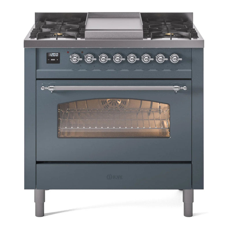 ILVE Nostalgie II 36" Dual Fuel Freestanding Range in Blue Grey with Chrome Trim, UP36FNMPBGC