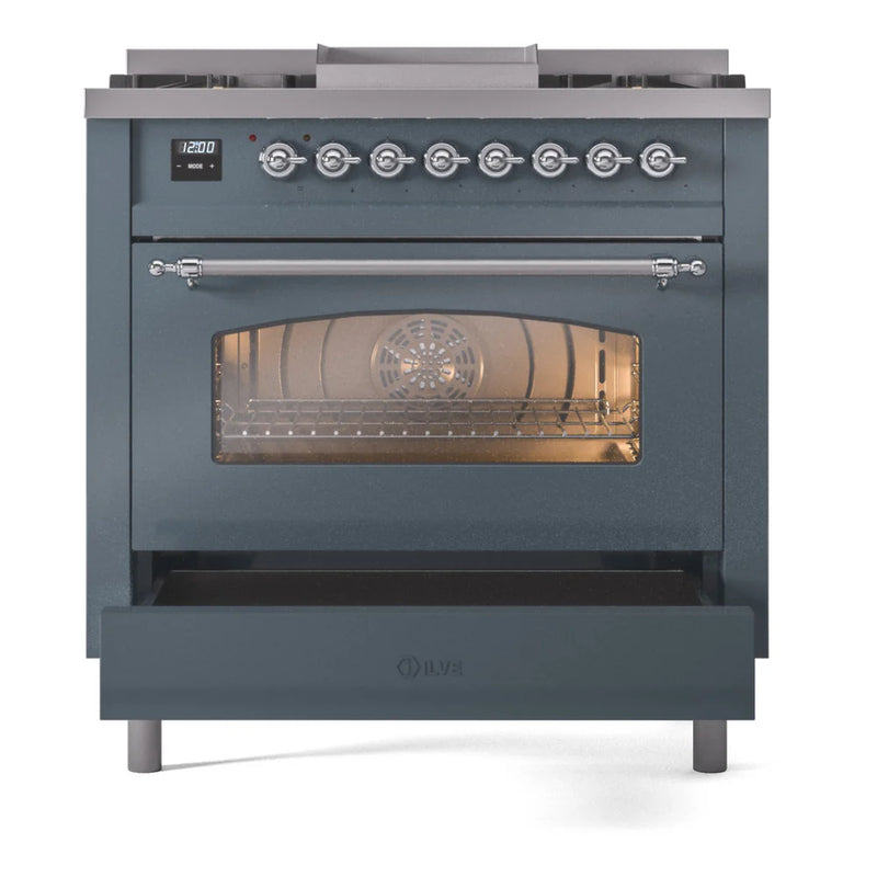 ILVE Nostalgie II 36" Dual Fuel Freestanding Range in Blue Grey with Chrome Trim, UP36FNMPBGC