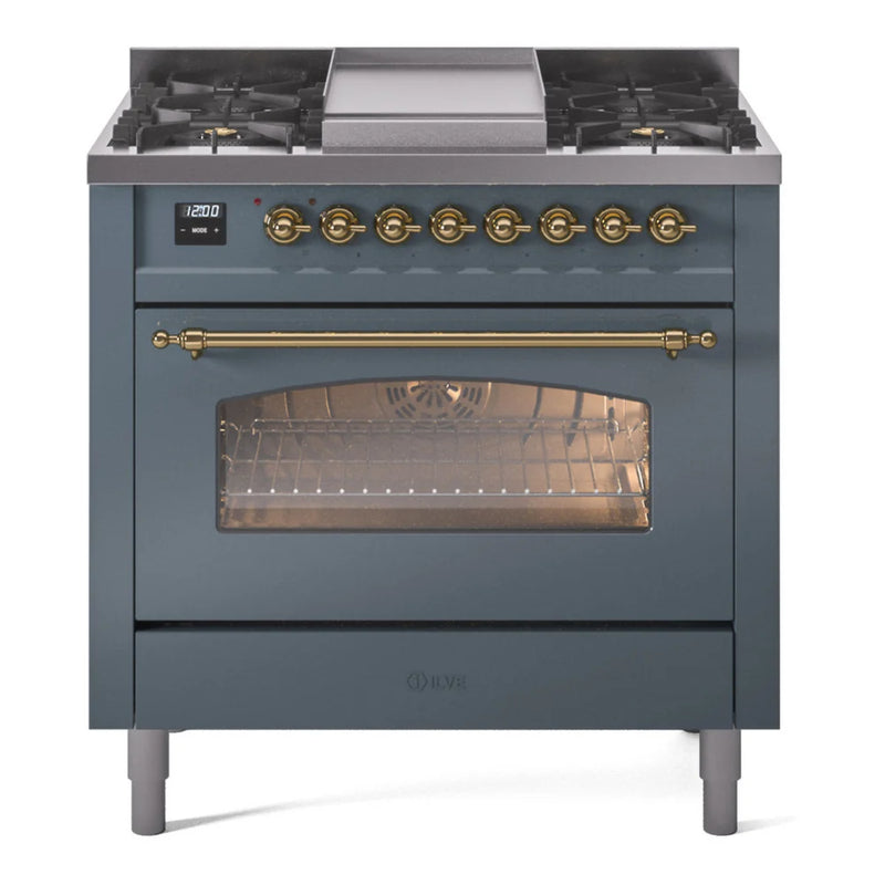 ILVE Nostalgie II 36" Dual Fuel Freestanding Range in Blue Grey with Brass Trim, UP36FNMPBGGLP