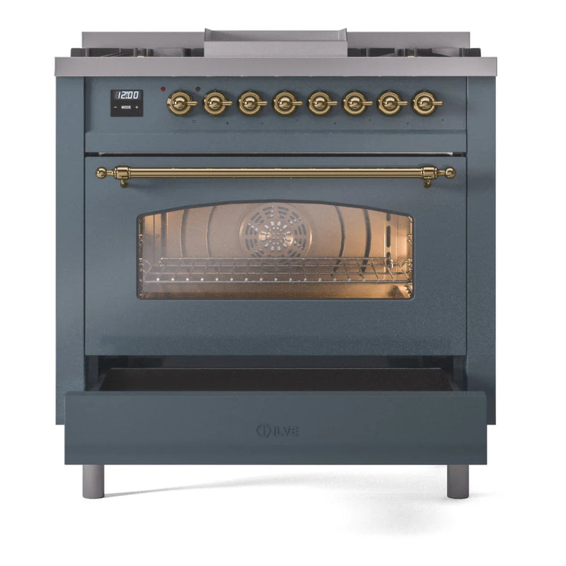 ILVE Nostalgie II 36" Dual Fuel Freestanding Range in Blue Grey with Brass Trim, UP36FNMPBGGLP