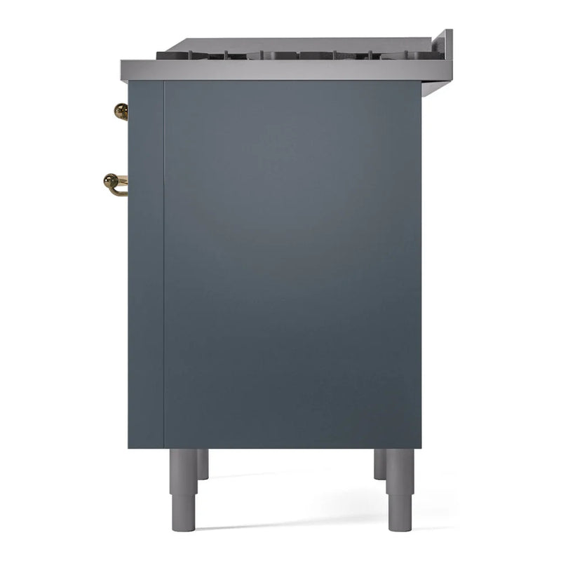 ILVE Nostalgie II 36" Dual Fuel Freestanding Range in Blue Grey with Brass Trim, UP36FNMPBGGLP
