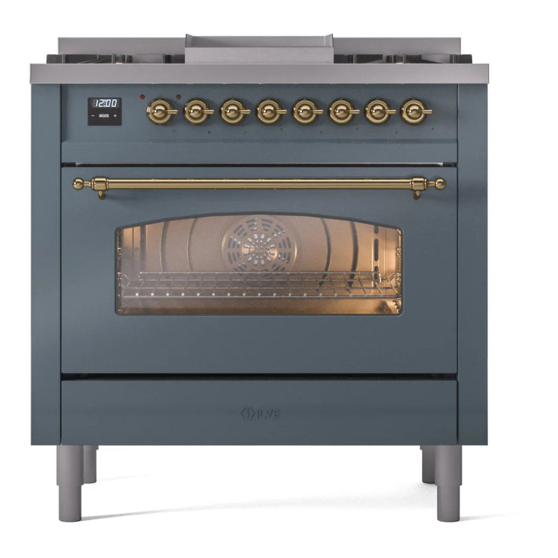 ILVE Nostalgie II 36" Dual Fuel Freestanding Range in Blue Grey with Brass Trim, UP36FNMPBGG