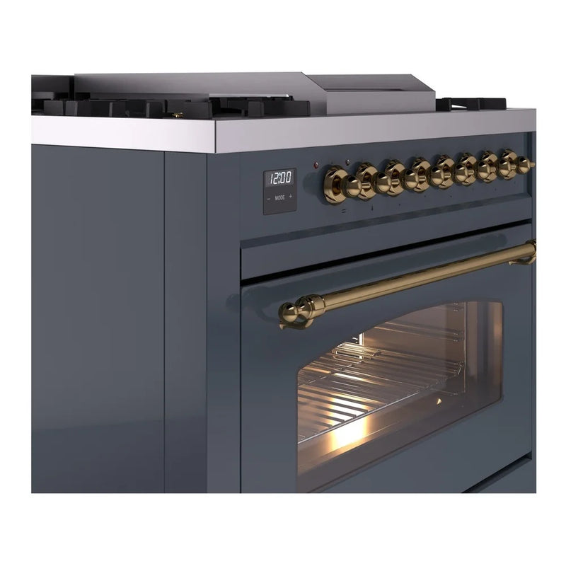 ILVE Nostalgie II 36" Dual Fuel Freestanding Range in Blue Grey with Brass Trim, UP36FNMPBGG