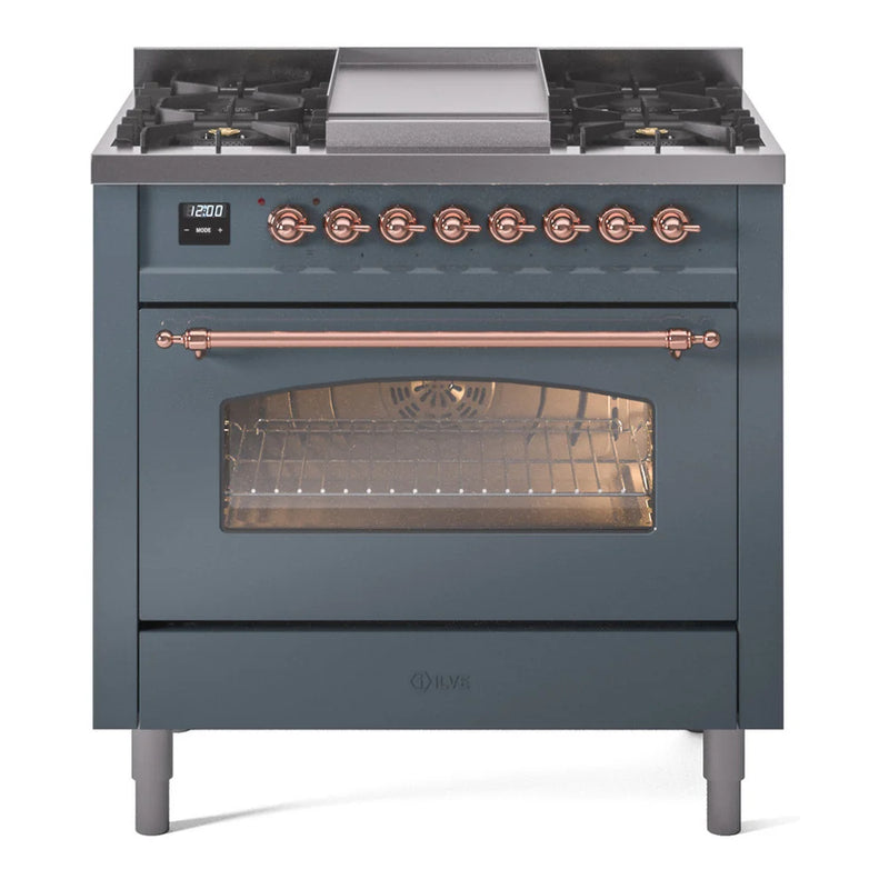 ILVE Nostalgie II 36" Dual Fuel Freestanding Range in Blue Grey with Copper Trim, UP36FNMPBGPLP