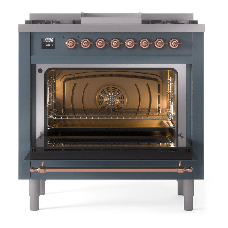 ILVE Nostalgie II 36" Dual Fuel Freestanding Range in Blue Grey with Copper Trim, UP36FNMPBGPLP