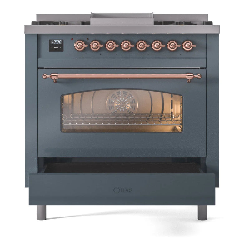ILVE Nostalgie II 36" Dual Fuel Freestanding Range in Blue Grey with Copper Trim, UP36FNMPBGPLP