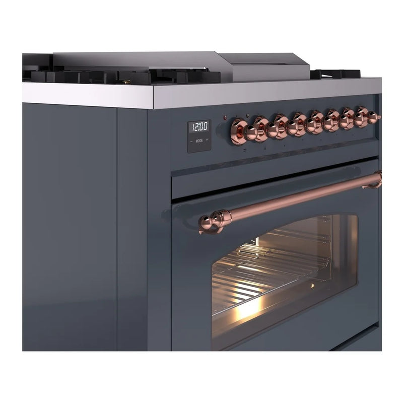 ILVE Nostalgie II 36" Dual Fuel Freestanding Range in Blue Grey with Copper Trim, UP36FNMPBGPLP