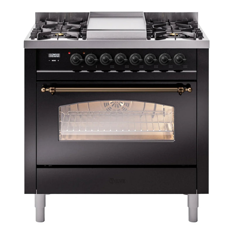 ILVE Nostalgie II 36" Dual Fuel Freestanding Range in Glossy Black with Burnished Trim, UP36FNMPBKBLP