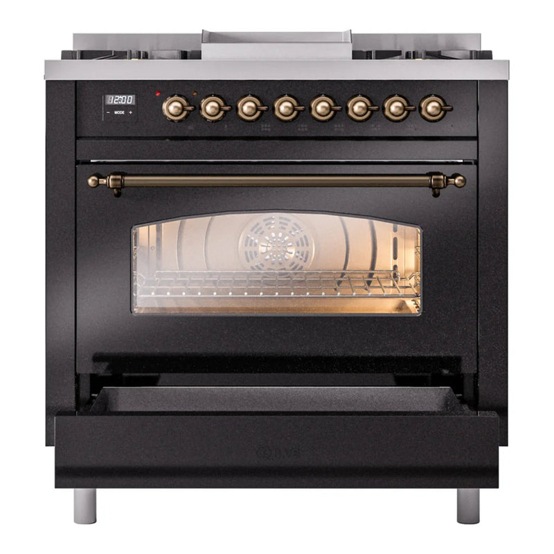 ILVE Nostalgie II 36" Dual Fuel Freestanding Range in Glossy Black with Burnished Trim, UP36FNMPBKBLP