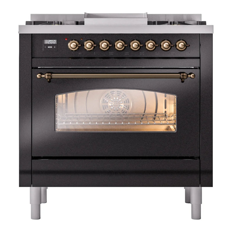 ILVE Nostalgie II 36" Dual Fuel Freestanding Range in Glossy Black with Burnished Trim, UP36FNMPBKB