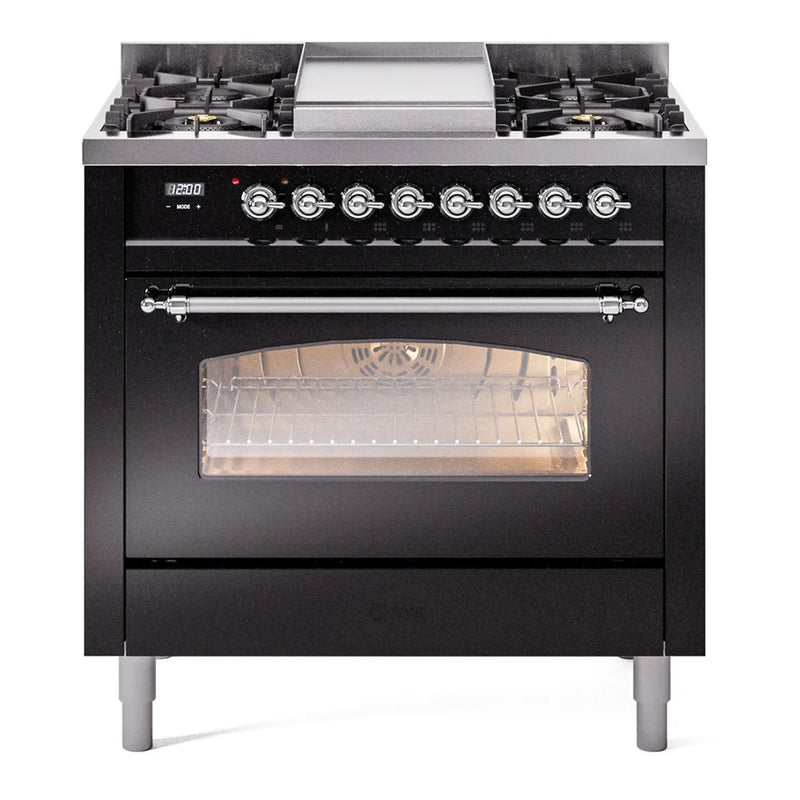 ILVE Nostalgie II 36" Dual Fuel Freestanding Range in Glossy Black with Chrome Trim, UP36FNMPBKCLP