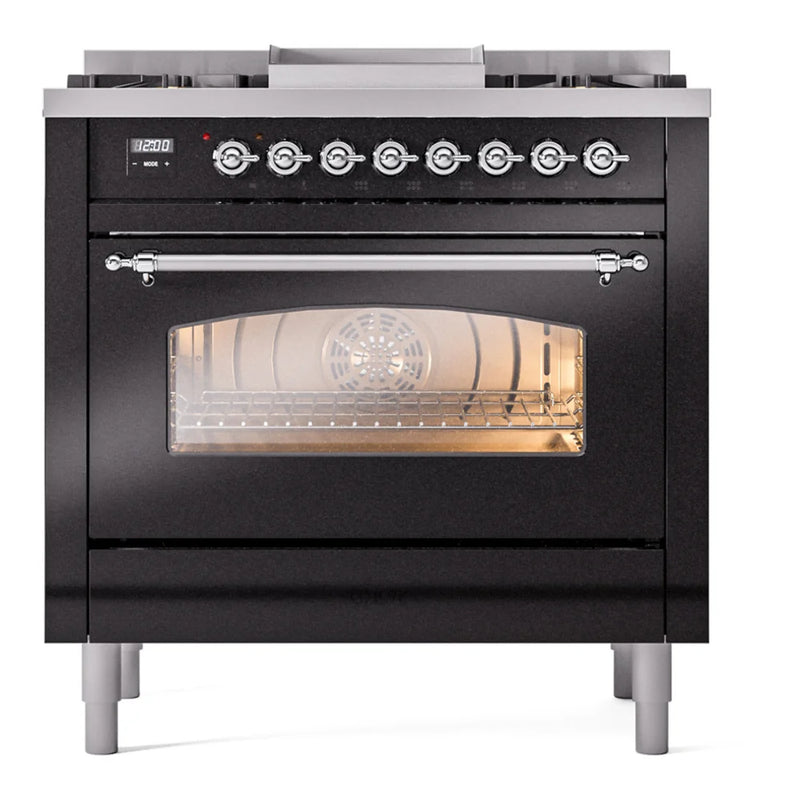 ILVE Nostalgie II 36" Dual Fuel Freestanding Range in Glossy Black with Chrome Trim, UP36FNMPBKCLP
