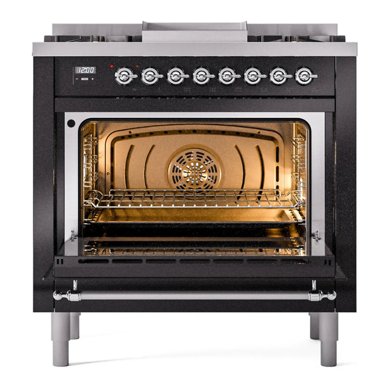 ILVE Nostalgie II 36" Dual Fuel Freestanding Range in Glossy Black with Chrome Trim, UP36FNMPBKCLP