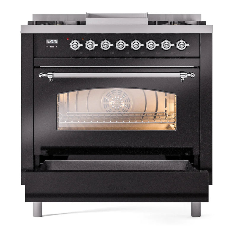 ILVE Nostalgie II 36" Dual Fuel Freestanding Range in Glossy Black with Chrome Trim, UP36FNMPBKC