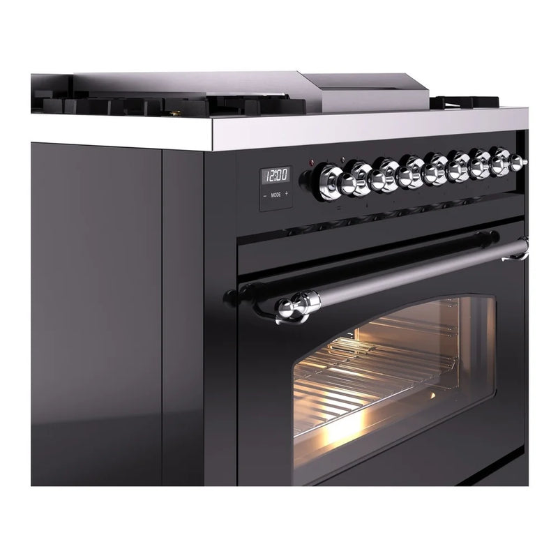 ILVE Nostalgie II 36" Dual Fuel Freestanding Range in Glossy Black with Chrome Trim, UP36FNMPBKC
