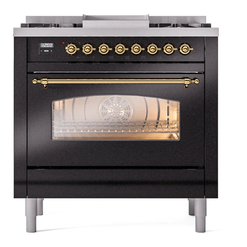 ILVE Nostalgie II 36" Dual Fuel Freestanding Range in Glossy Black with Brass Trim, UP36FNMPBKGLP