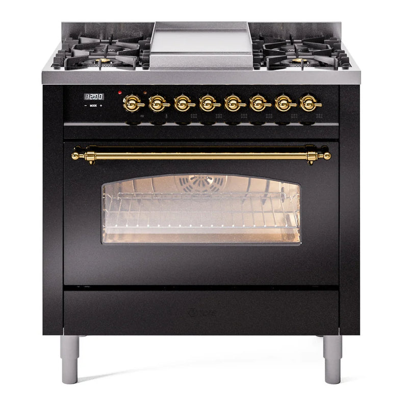 ILVE Nostalgie II 36" Dual Fuel Freestanding Range in Glossy Black with Brass Trim, UP36FNMPBKG