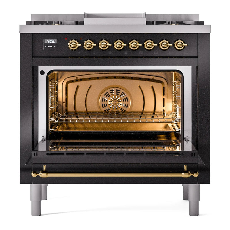 ILVE Nostalgie II 36" Dual Fuel Freestanding Range in Glossy Black with Brass Trim, UP36FNMPBKG