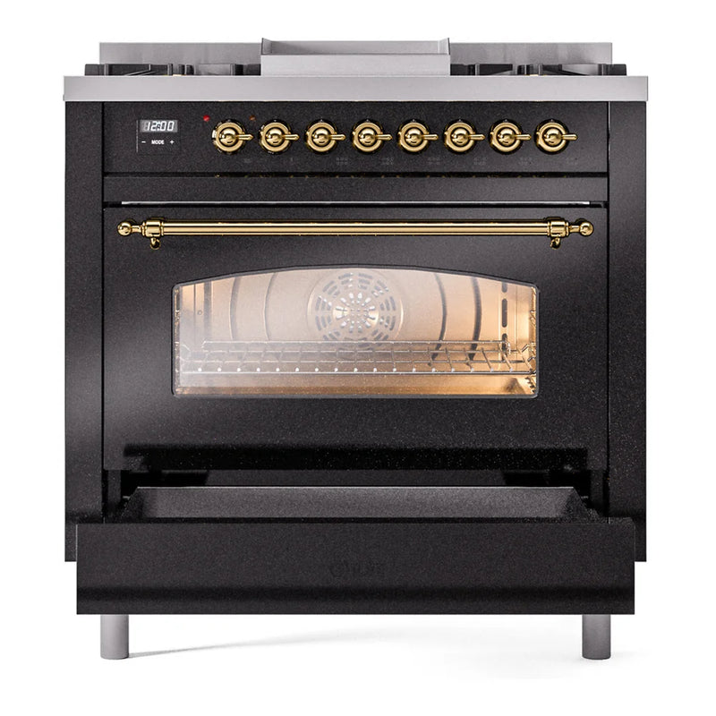 ILVE Nostalgie II 36" Dual Fuel Freestanding Range in Glossy Black with Brass Trim, UP36FNMPBKG