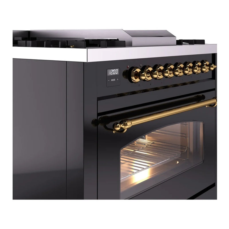 ILVE Nostalgie II 36" Dual Fuel Freestanding Range in Glossy Black with Brass Trim, UP36FNMPBKG