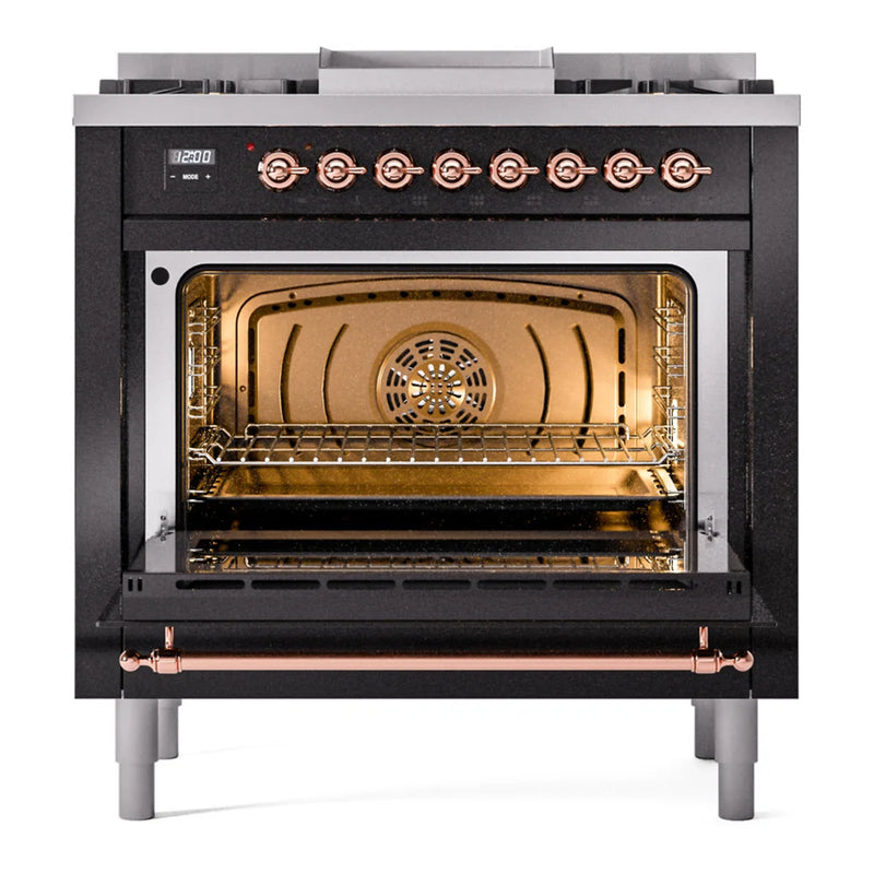 ILVE Nostalgie II 36" Dual Fuel Freestanding Range in Glossy Black with Copper Trim, UP36FNMPBKPLP