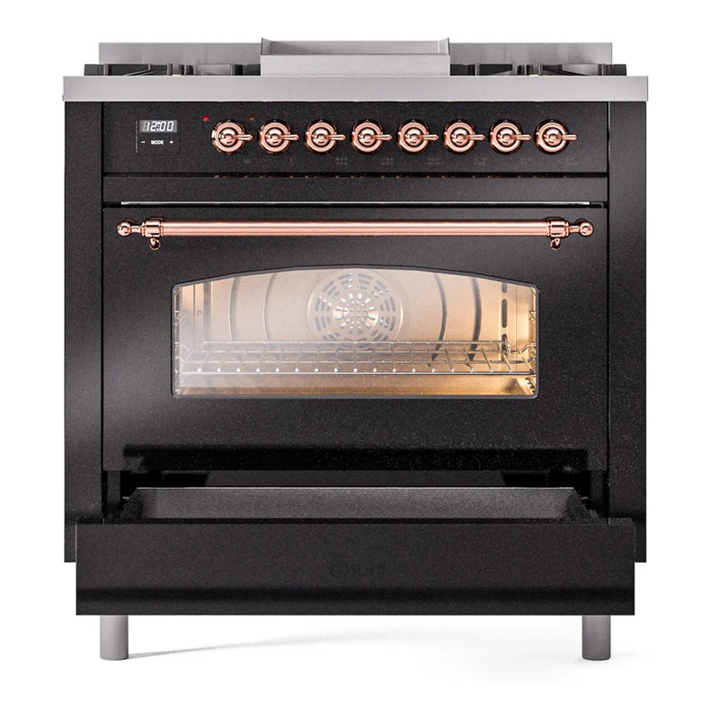 ILVE Nostalgie II 36" Dual Fuel Freestanding Range in Glossy Black with Copper Trim, UP36FNMPBKPLP