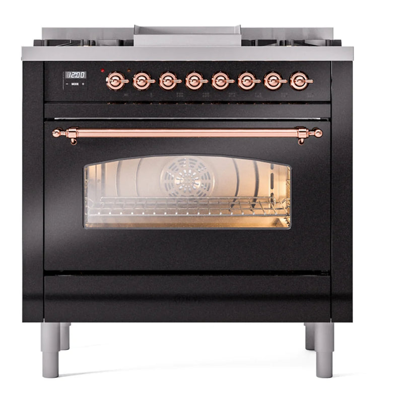 ILVE Nostalgie II 36" Dual Fuel Freestanding Range in Glossy Black with Copper Trim, UP36FNMPBKP
