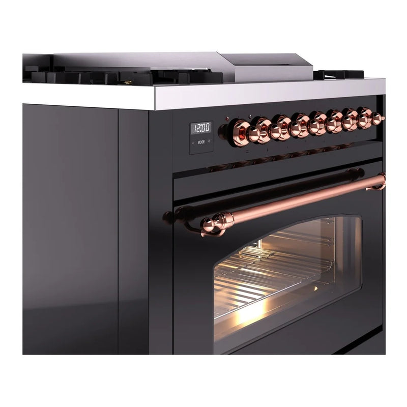 ILVE Nostalgie II 36" Dual Fuel Freestanding Range in Glossy Black with Copper Trim, UP36FNMPBKP