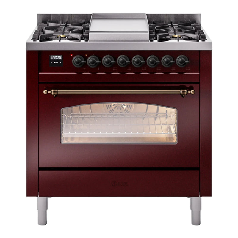 ILVE Nostalgie II 36" Dual Fuel Freestanding Range in Burgundy with Burnished Trim, UP36FNMPBUBLP