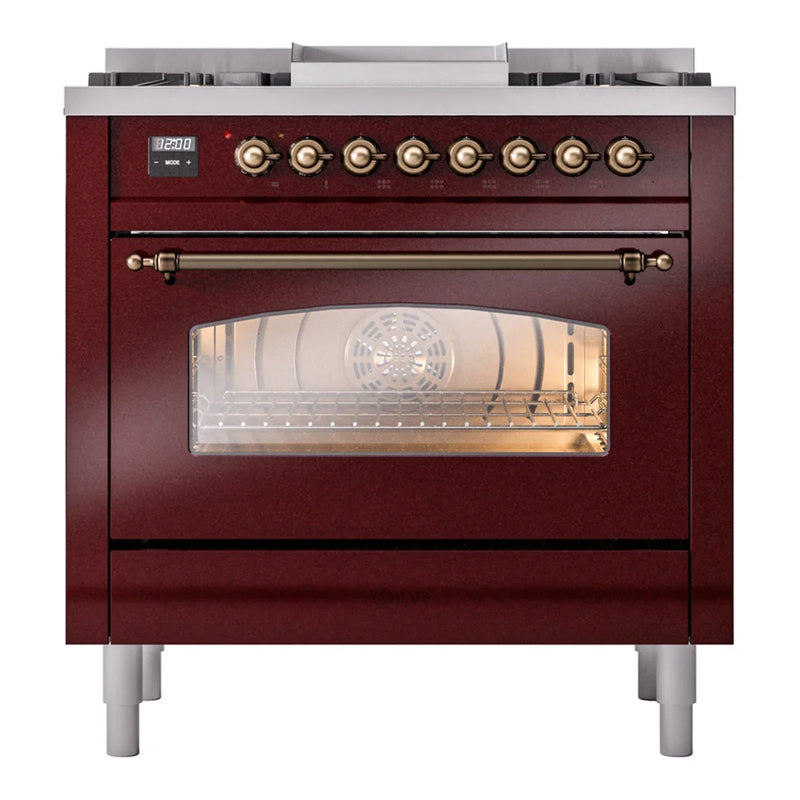 ILVE Nostalgie II 36" Dual Fuel Freestanding Range in Burgundy with Burnished Trim, UP36FNMPBUBLP