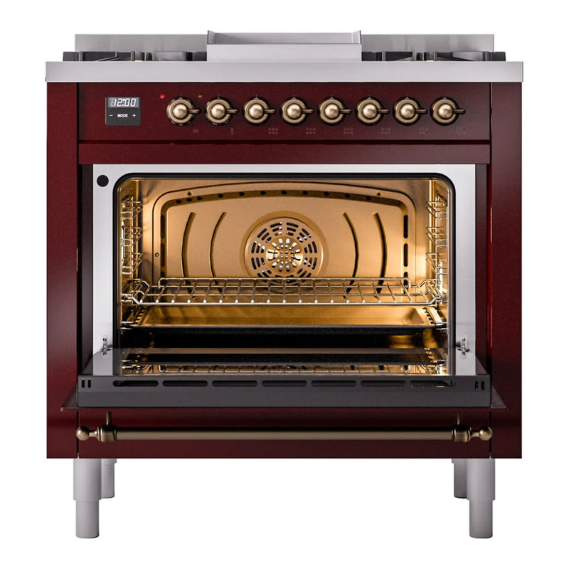 ILVE Nostalgie II 36" Dual Fuel Freestanding Range in Burgundy with Burnished Trim, UP36FNMPBUBLP