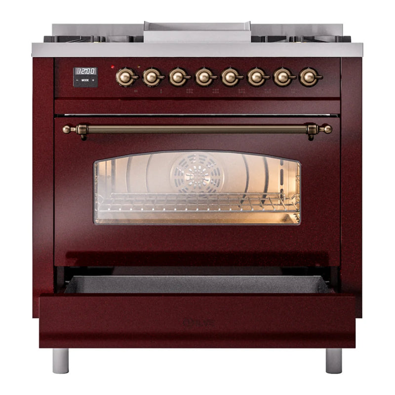 ILVE Nostalgie II 36" Dual Fuel Freestanding Range in Burgundy with Burnished Trim, UP36FNMPBUBLP