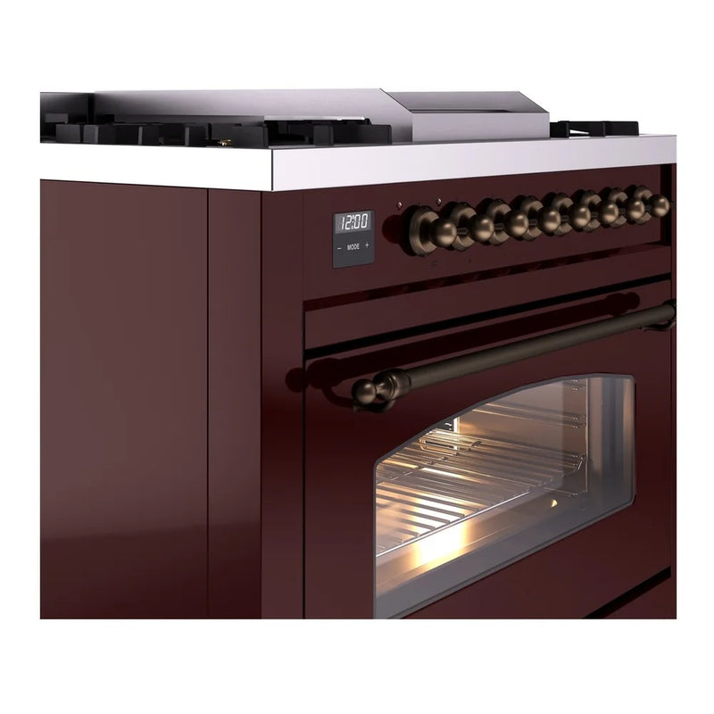 ILVE Nostalgie II 36" Dual Fuel Freestanding Range in Burgundy with Burnished Trim, UP36FNMPBUBLP