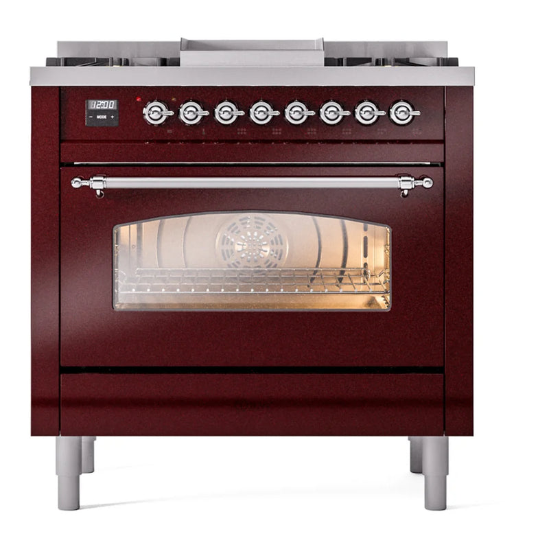 ILVE Nostalgie II 36" Dual Fuel Freestanding Range in Burgundy with Chrome Trim, UP36FNMPBUCLP