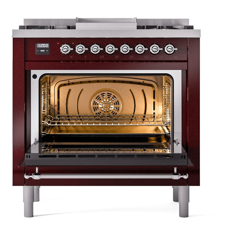ILVE Nostalgie II 36" Dual Fuel Freestanding Range in Burgundy with Chrome Trim, UP36FNMPBUCLP